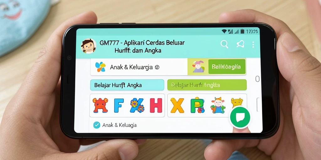 Tampilan interaktif aplikasi GM777 untuk belajar huruf dan angka.