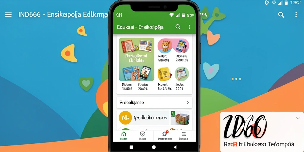 Antarmuka pengguna IND666 menampilkan berbagai topik ensiklopedia dengan tampilan yang menarik.